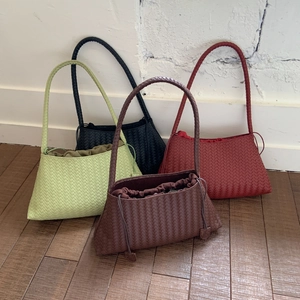 Women Woven PU Leather Underarm Bag Retro Simple Large Capacity Shoulder Bag With Drawstring Inner Pouch Baguette Style