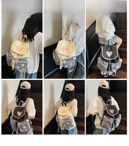 Collage of model wearing various patchwork school backpacks with multiple strap options