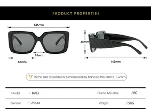 Tableau des tailles détaillé pour lunettes de soleil carrées oversize avec branches à carreaux