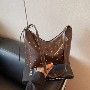 Retro brown studded crescent bag for women, luxury leather shoulder strap underarm bag