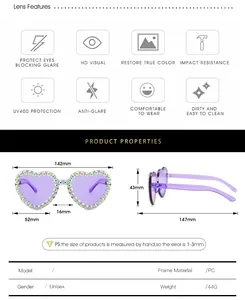 Detailed size chart and specifications for heart-shaped rhinestone fashion sunglasses