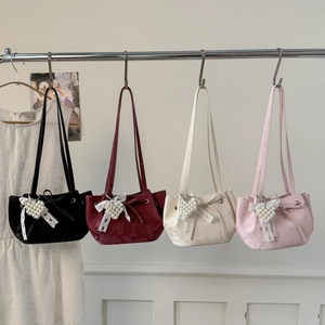 Damen Unterarm Schultertasche PU Leder Samt Schleife Künstliche Perlenherz Anhänger Süße Vintage Koreanische Mode Handtasche
