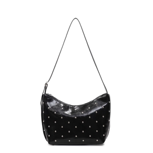 Trendy black patent leather underarm bag with silver studs and adjustable strap