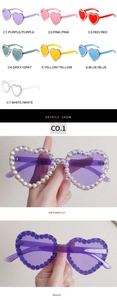 Detailed views of heart-shaped sunglasses with colorful crystal rhinestones in seven colors