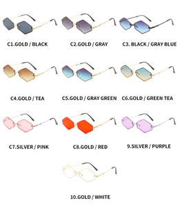 Vue détaillée de dix lunettes de soleil hexagonales sans monture aux verres dégradés
