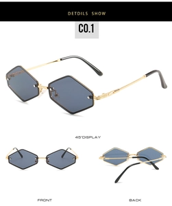 Vue triple de lunettes de soleil hexagonales sans monture avec branches dorées