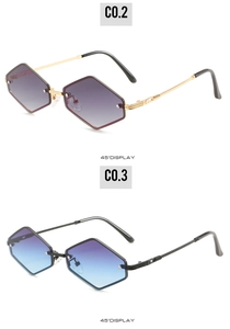 Vue latérale détaillée de lunettes de soleil hexagonales sans monture avec verres dégradés