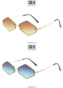 Détail de lunettes de soleil hexagonales sans monture avec verres dégradés orange et violets