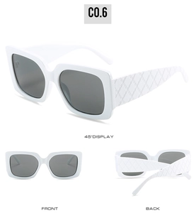 Vues détaillées de lunettes de soleil carrées blanches avec branches à motif damier