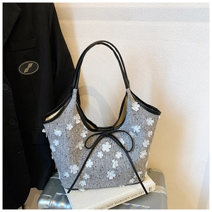 Floral tweed tote bag with 3D white flowers and black bow for chic summer commute style