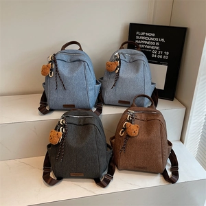 Retro Denim Fabric Fashion Backpack For Women Casual School Bag With Bear Pendant Large Capacity Travel Daypack