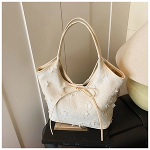 Floral canvas tote bag in off-white with 3D flower appliques and bow detail for women