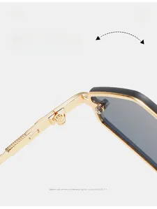 Détail des charnières en métal doré et des vis sur la monture de lunettes de soleil