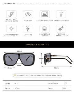 Detailed size chart of oversized sunglasses with UV400 and anti-glare specs