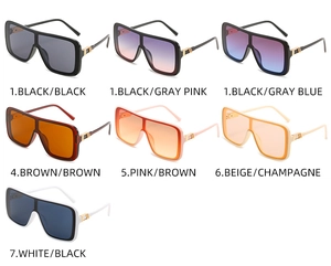 Detailed overview of oversized wrap-around sunglasses in various colors and tinted lenses