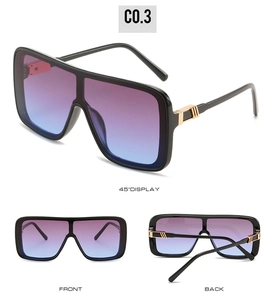 Three views of oversized sunglasses with purple gradient lenses and gold accents