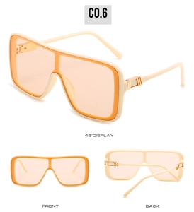Three views of beige oversized square sunglasses with orange lenses and gold details