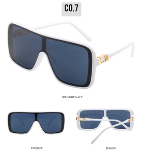 Three-angle view of oversized white frame shield sunglasses with gold metal hinges