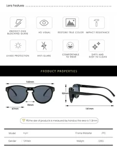 Size guide for unisex oversized sunglasses showing lens width and PC frame dimensions