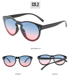 Close-up details of oversized gradient sunglasses with metal studs from three angles