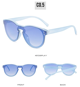 Three-view display of light blue oversized sunglasses with gradient lenses and clear frames