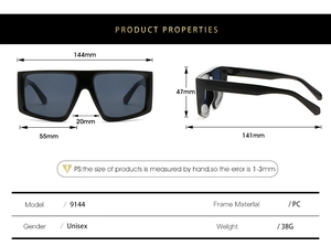 Detailed size specifications for Y2K punk sunglasses with black PC frame and grey lenses