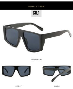 Three-angle display of Y2K oversized black sunglasses with shiny frames and dark lenses