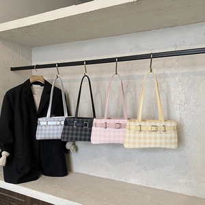 Women PU Leather Checkered Baguette Bag Underarm Shoulder Handbag With Metal Buckle Plaid Pattern Casual Streetwear