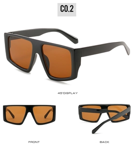 Multi-angle view of oversized Y2K sunglasses with orange lenses and black frame