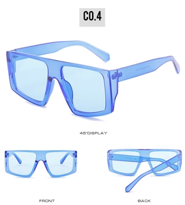 Three-way view of blue transparent Y2K sunglasses with front, back, and 45-degree angles