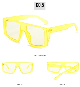 Detail view of bold neon yellow oversized Y2K sunglasses from multiple perspectives