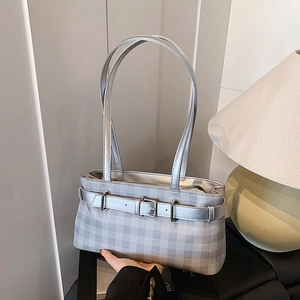 Silver-grey checkered baguette shoulder bag with buckle detail and double straps