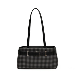 Chic black and gray checkered baguette bag with silver buckle and thin double shoulder straps