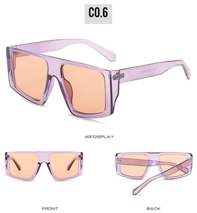 Three-view detail of purple Y2K oversized sunglasses with vibrant orange lenses