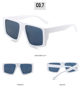 Three angles of oversized white Y2K punk sunglasses with dark blue tinted lenses