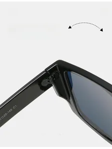 Detail view of durable metal hinge and model code 20-146 on black Y2K sunglasses