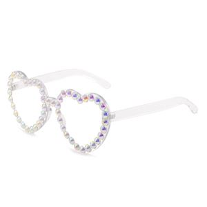 Stylish heart-shaped sunglasses with iridescent rhinestones on transparent frames