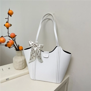 Minimalist white litchi pattern leather tote bag with silk scarf and wavy top edge