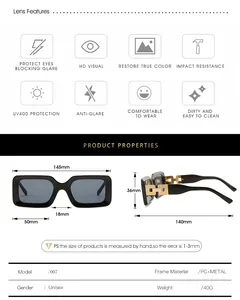 Detailed size chart for rectangular sunglasses with PC and metal frames and UV400 protection