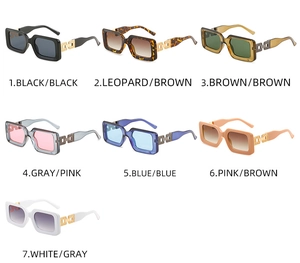 Detailed view of seven fashion rectangular sunglasses with decorative metal chain temples