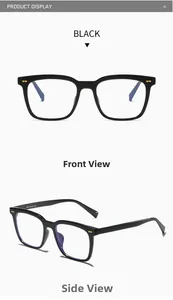 Detailed front and side views of black TR90 square glasses frames with gold accents