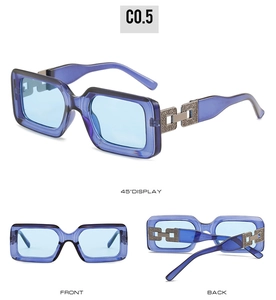 Detailed views of square frame sunglasses with thick metal chain temple accents