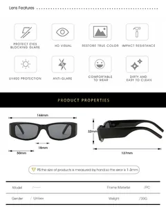 Detailed size chart for retro small frame sunglasses with lens feature icons and dimensions