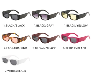 Overview of vintage rectangle sunglasses in seven colors including black, brown, and white