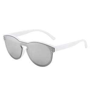 Modern white oversized sunglasses with silver mirrored lenses and metal rivets