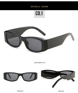 Three views of black rectangle sunglasses showing front, back, and 45-degree angle