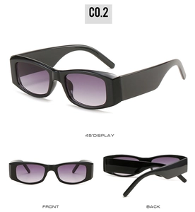 Three-way view of retro rectangle sunglasses with wide black frames and gradient purple lenses