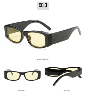 Three perspectives of rectangular black frame sunglasses with light yellow lenses