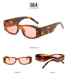 Detail view of tortoiseshell rectangle sunglasses with pink lenses from multiple angles
