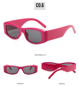 Detail view of pink rectangular thick frame sunglasses with dark lenses from multiple angles